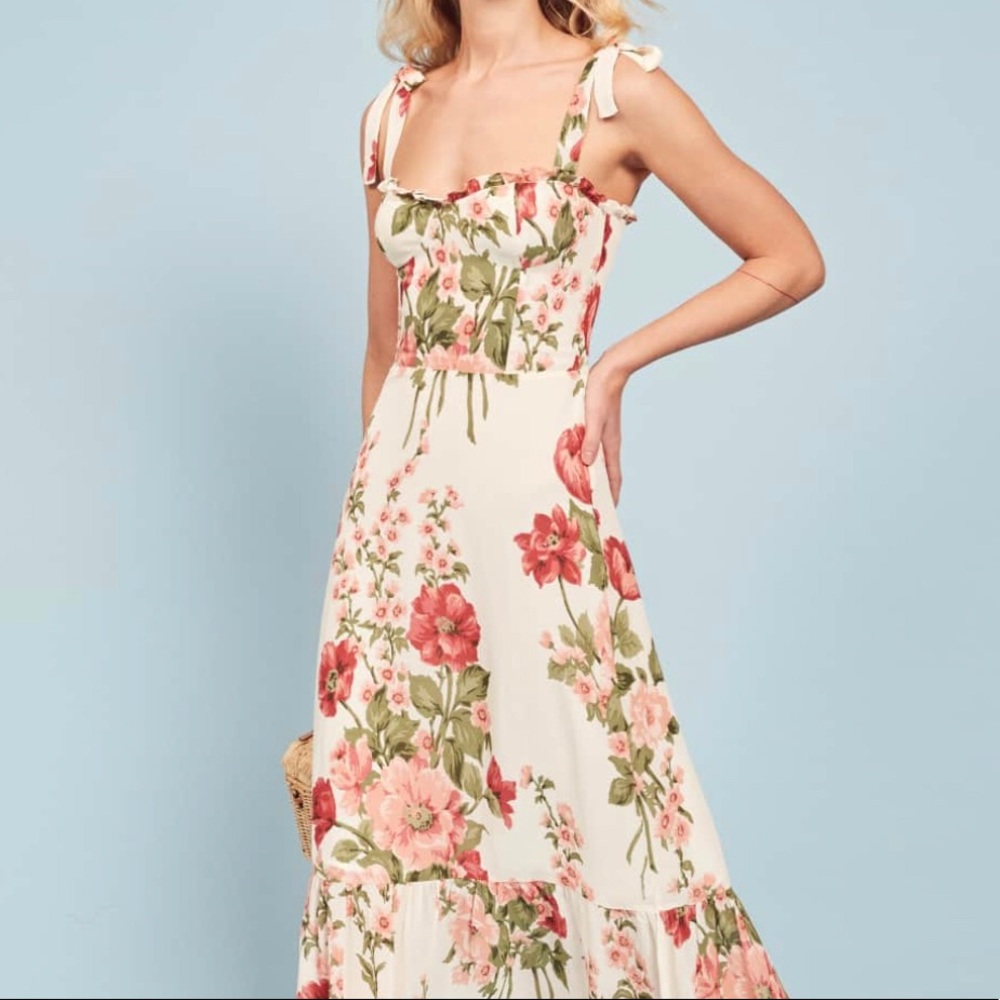 Reformation Cream Floral Midi Dress with Pink & Green Flowers - Picture 1 of 5